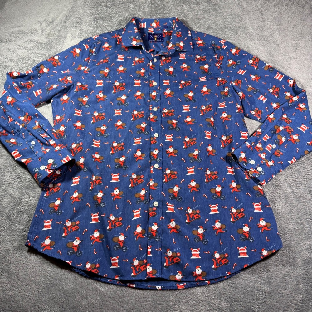 Simon Banks Mens Blue Santa Claus‎ Graphic Christmas Button Down Shirt Large